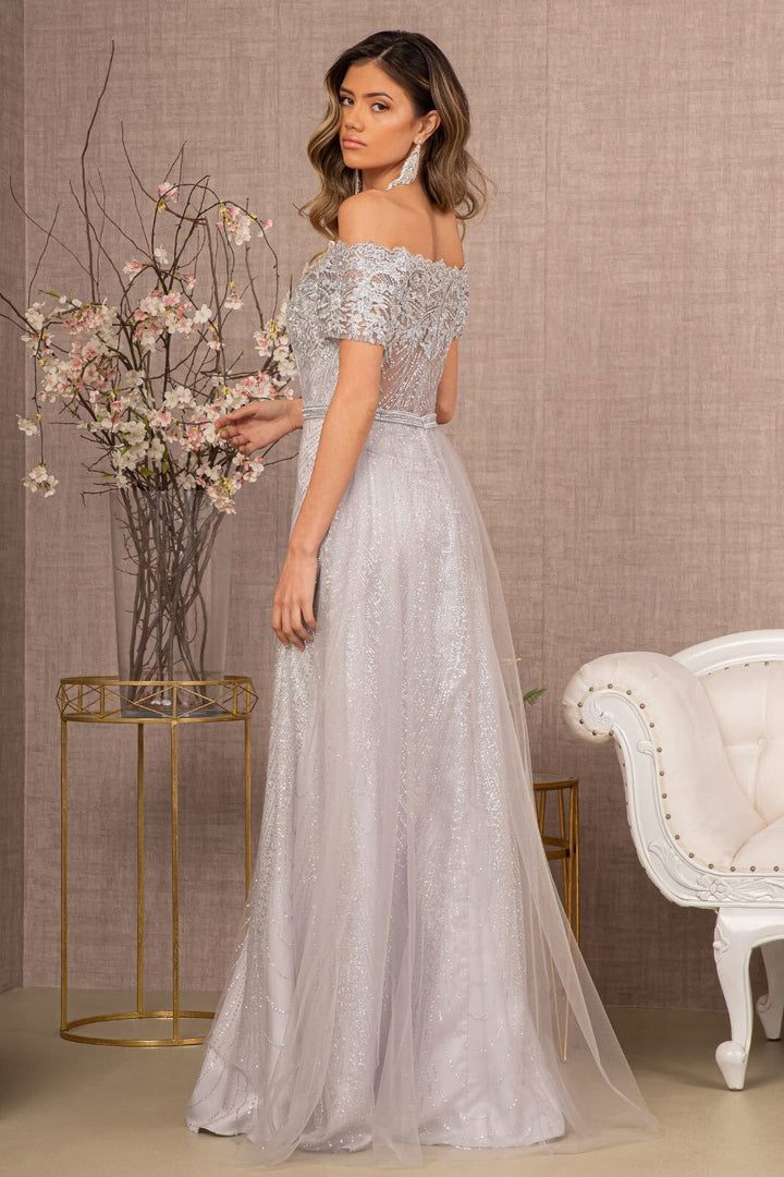 Embroidered Off Shoulder Glitter Gown by Elizabeth K GL2942