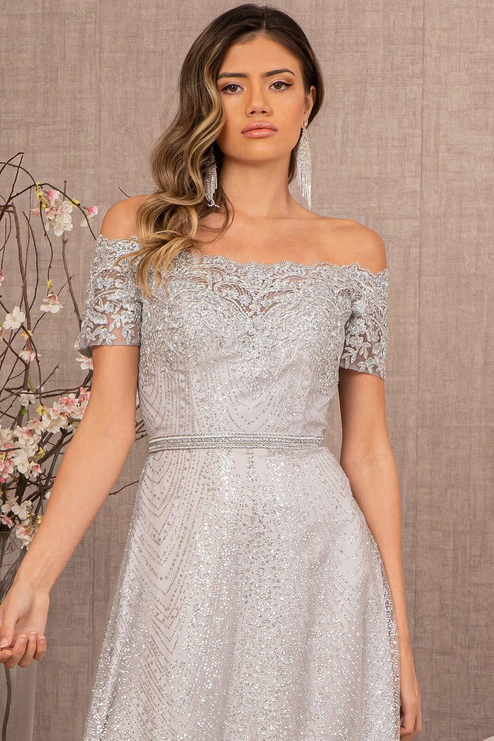 Embroidered Off Shoulder Glitter Gown by Elizabeth K GL2942