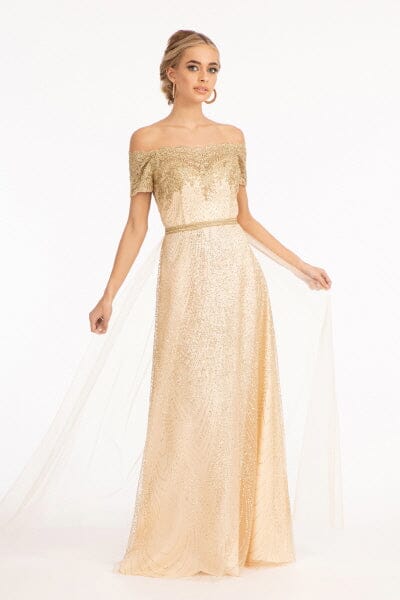Embroidered Off Shoulder Glitter Gown by Elizabeth K GL2942