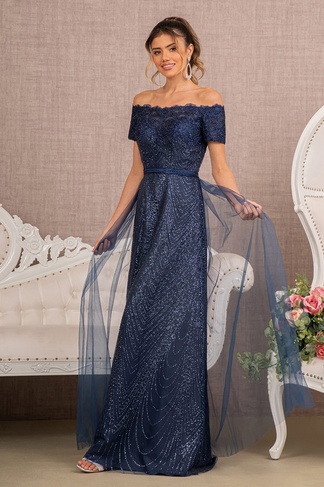 Embroidered Off Shoulder Glitter Gown by Elizabeth K GL2942