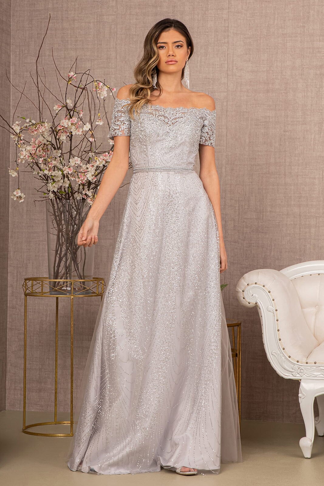 Embroidered Off Shoulder Glitter Gown by Elizabeth K GL2942 4XL / Rose Gold Embroidered Off Shoulder Glitter Gown by Elizabeth K GL2942 4XL / Rose Gold