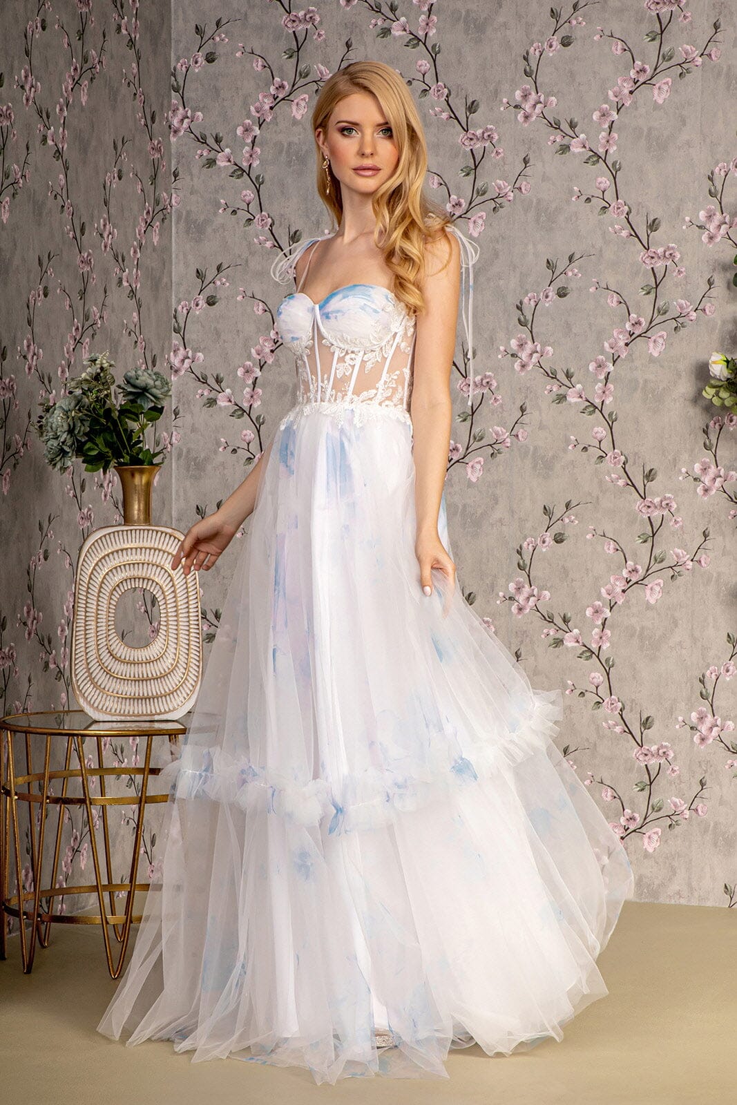 Embroidered Sheer Corset Tiered Gown by GLS Gloria GL3208 L / Ivory Embroidered Sheer Corset Tiered Gown by GLS Gloria GL3208 L / Ivory