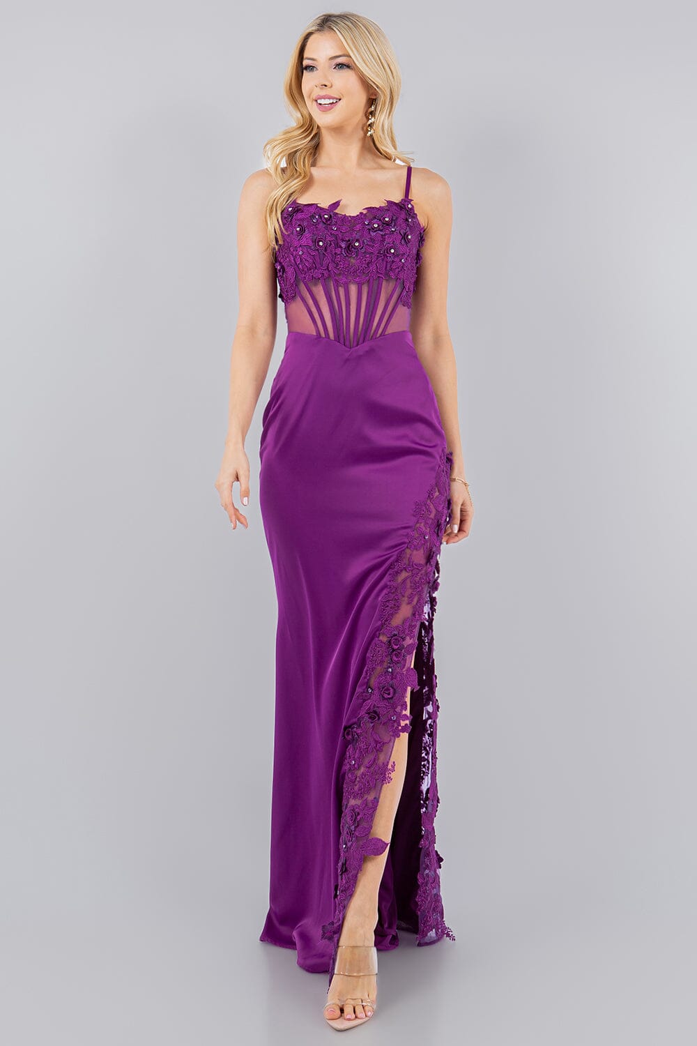 Fitted 3D Floral Sleeveless Slit Gown by Cinderella Couture 8085J