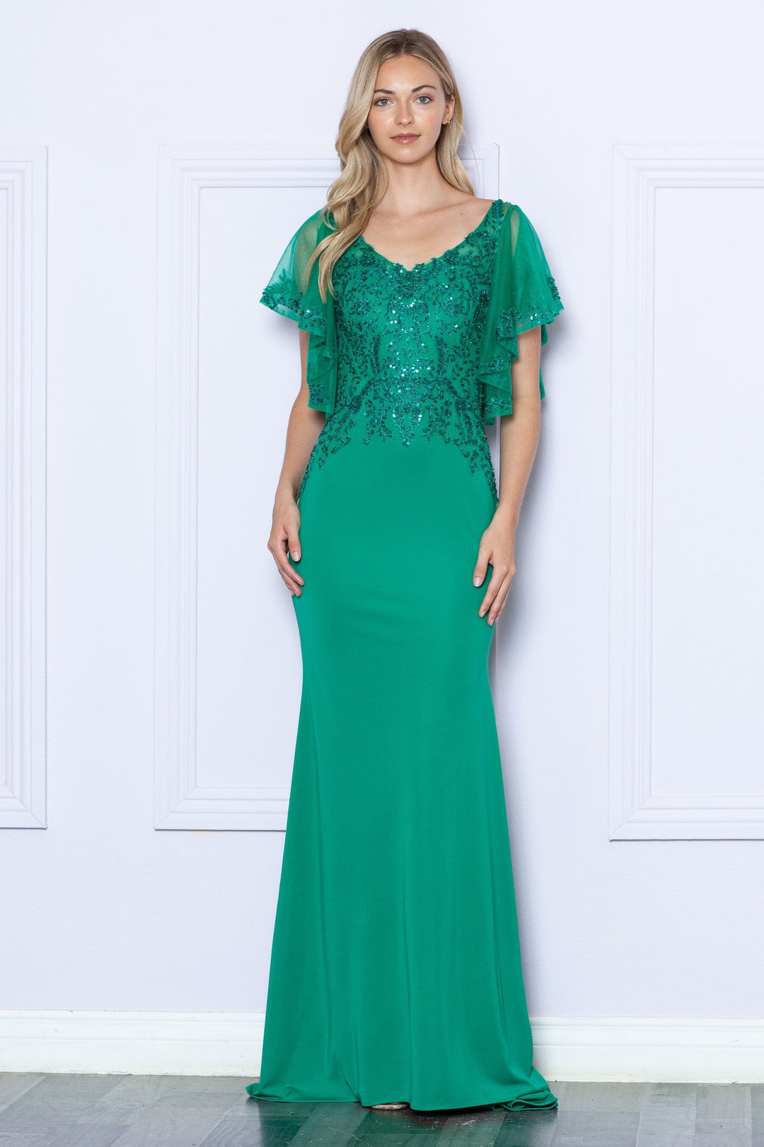 Fitted Embroidered Short Sleeve Gown by Poly USA 9318