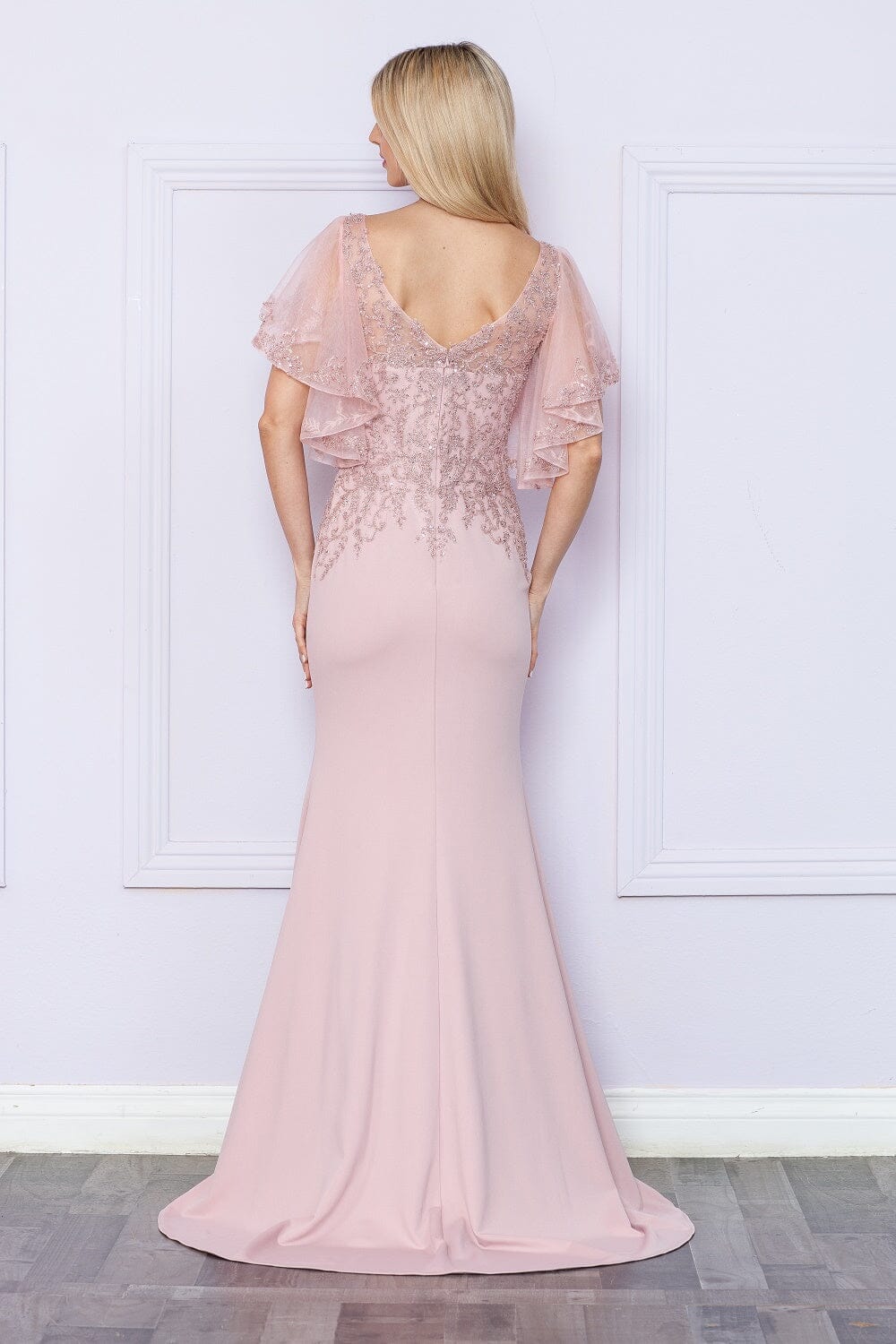 Fitted Embroidered Short Sleeve Gown by Poly USA 9318