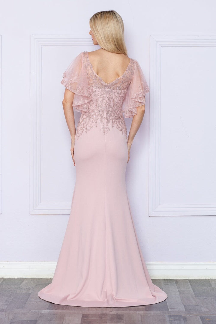 Fitted Embroidered Short Sleeve Gown by Poly USA 9318
