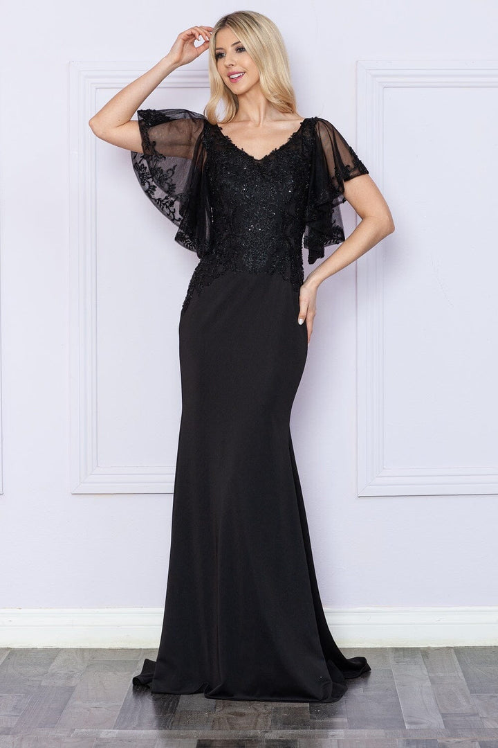 Fitted Embroidered Short Sleeve Gown by Poly USA 9318