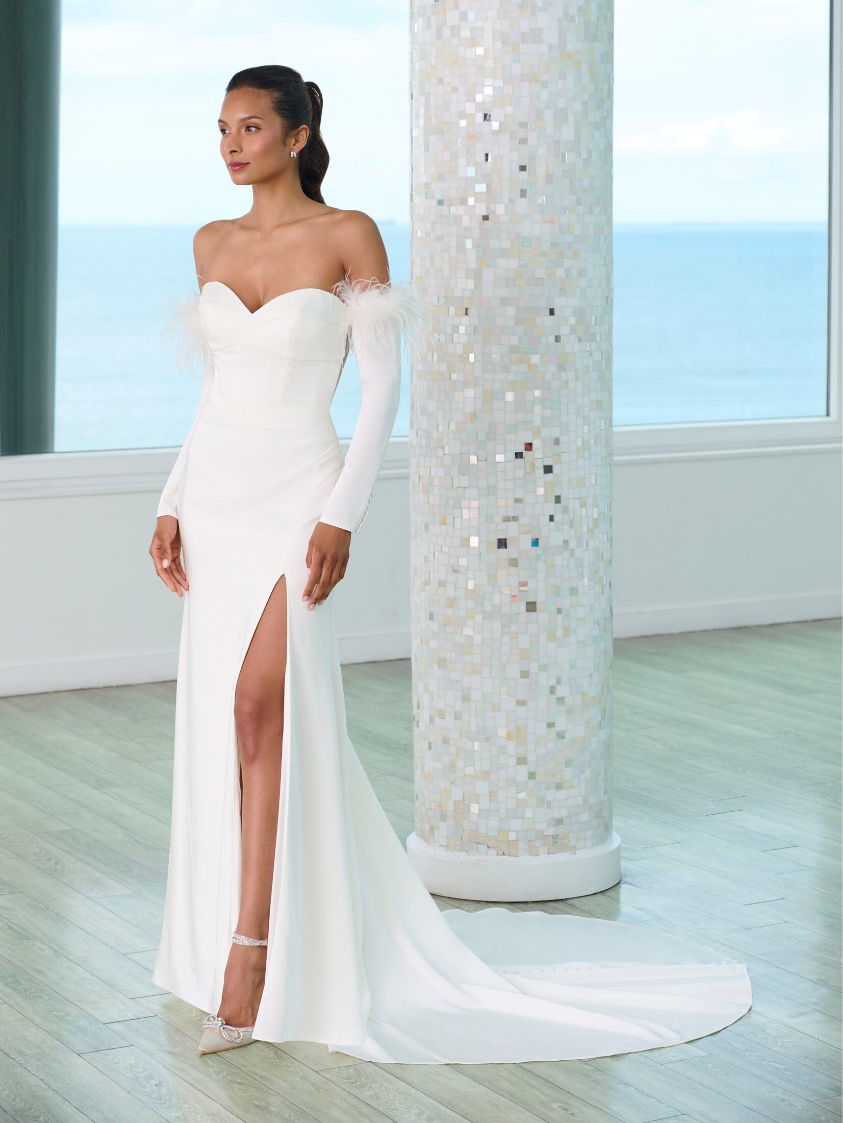 long sleeve feather wedding dress Sheer Long Sleeve Feather Ball Gown Wedding Dress Ivory / 16