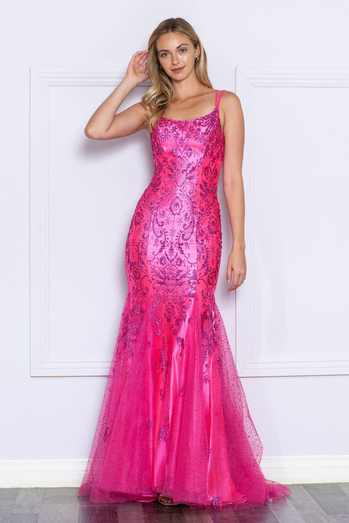 Fitted Glitter Print Sleeveless Gown by Poly USA 9306