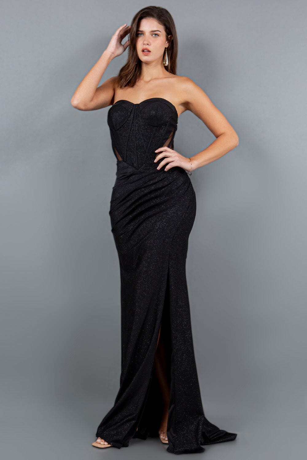 Fitted Glitter Strapless Slit Gown by Cinderella Couture 8094J