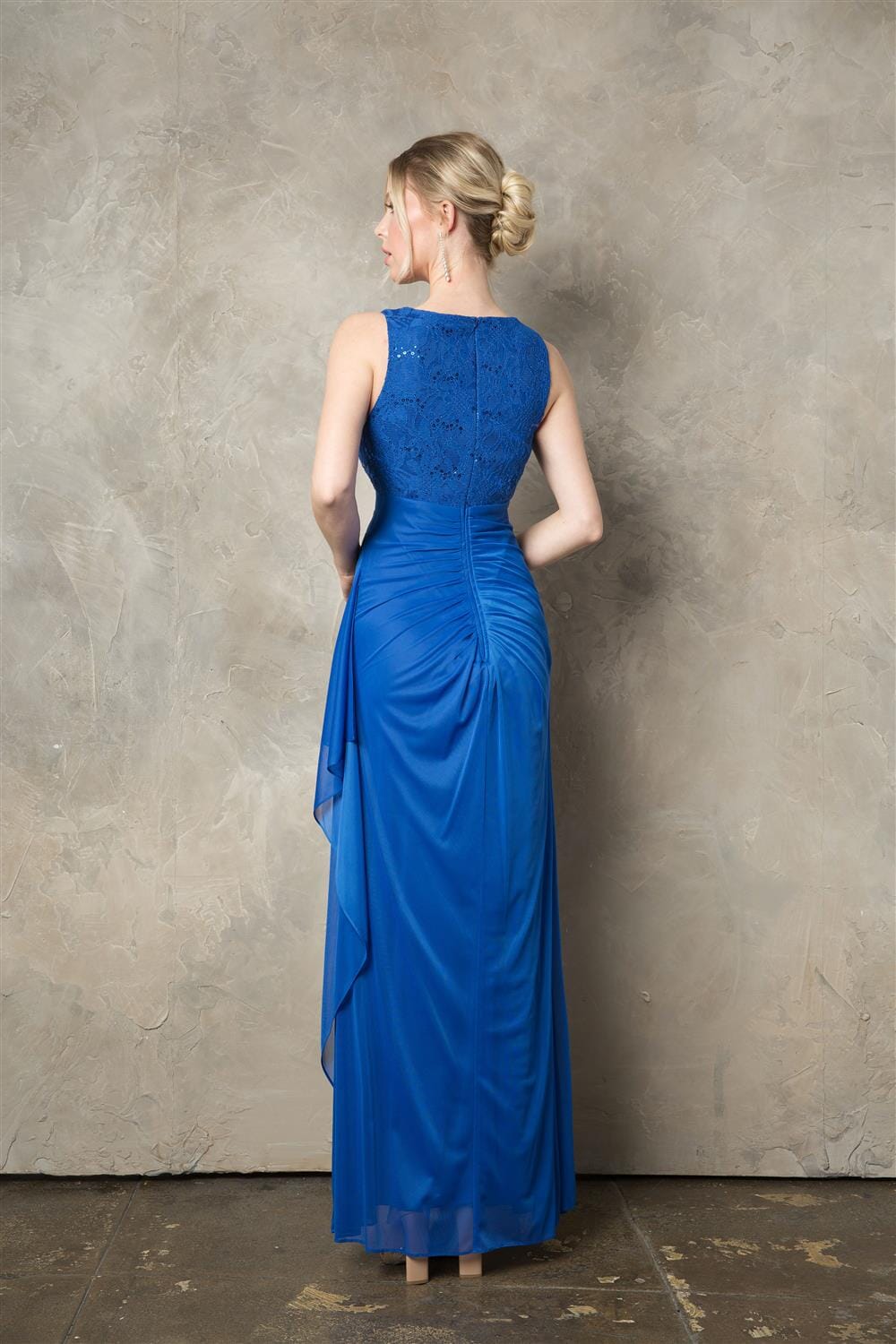 Fitted Long Beaded Sleeveless Lace Bodice Dress by Juno 1017