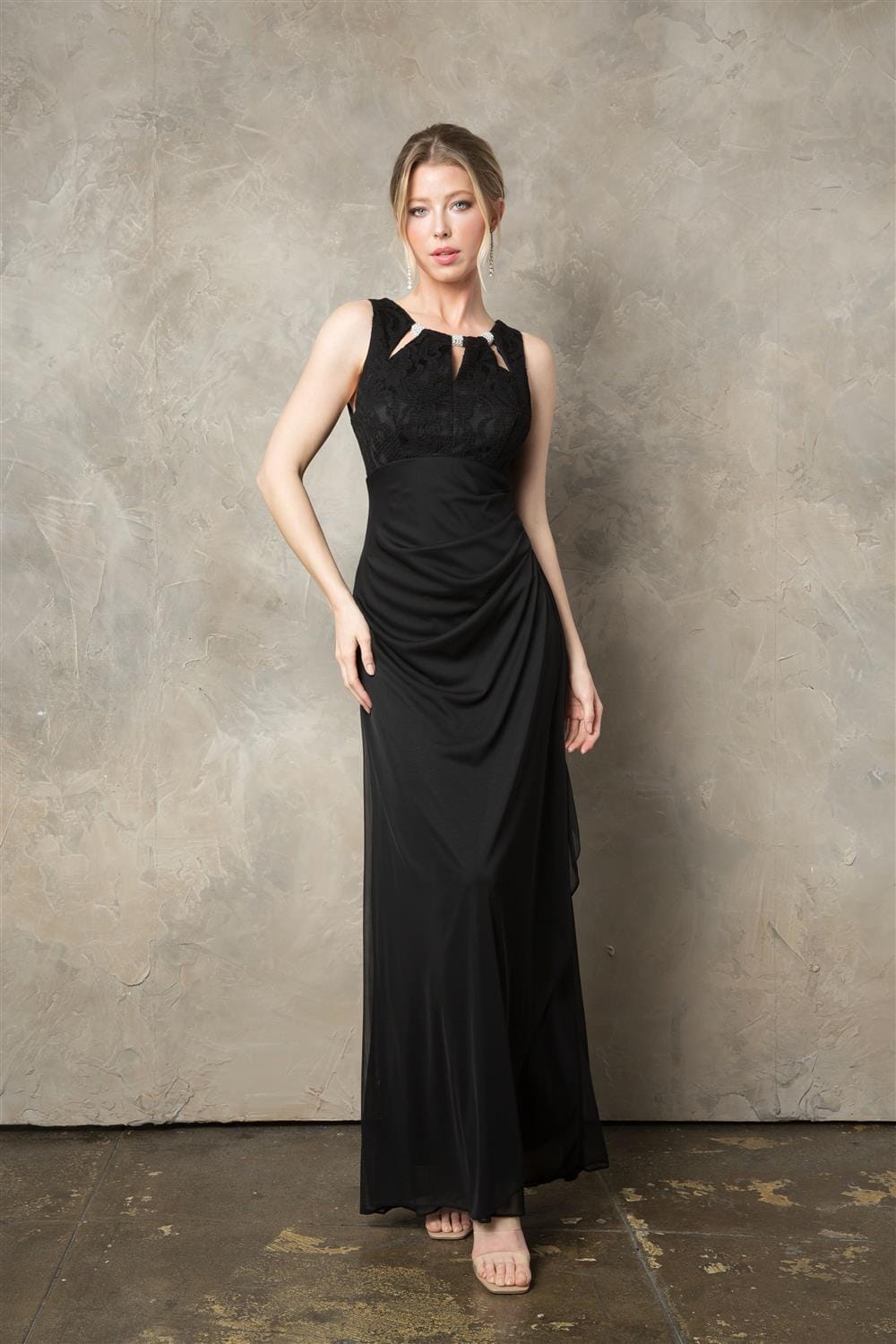 Fitted Long Beaded Sleeveless Lace Bodice Dress by Juno 1017