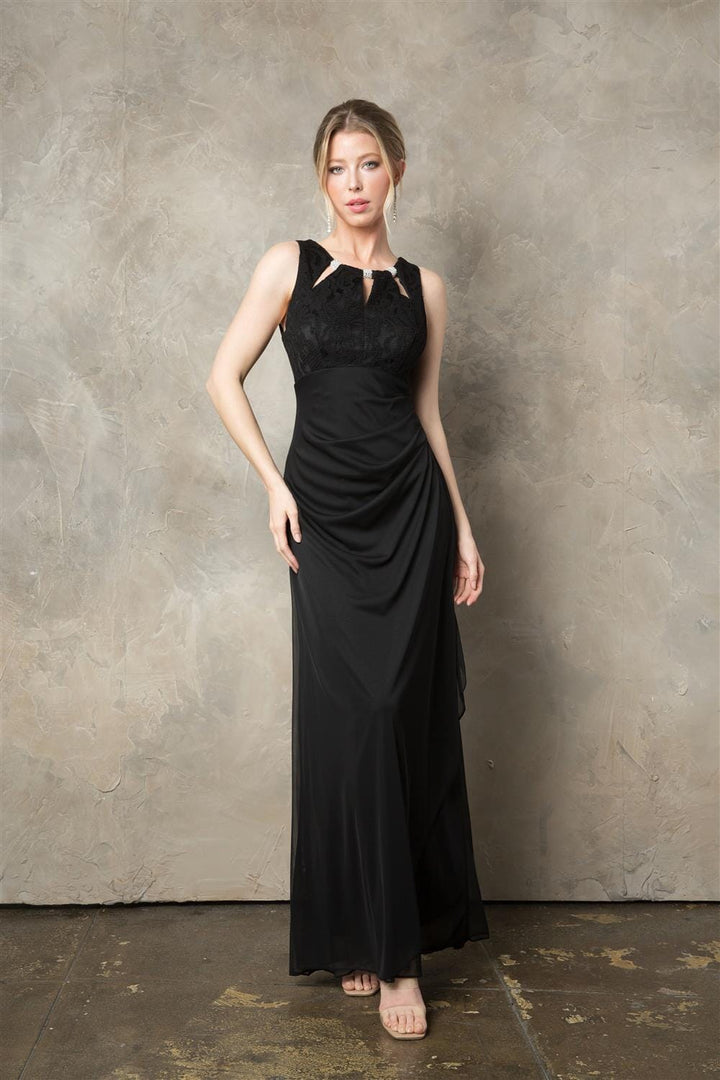 Fitted Long Beaded Sleeveless Lace Bodice Dress by Juno 1017