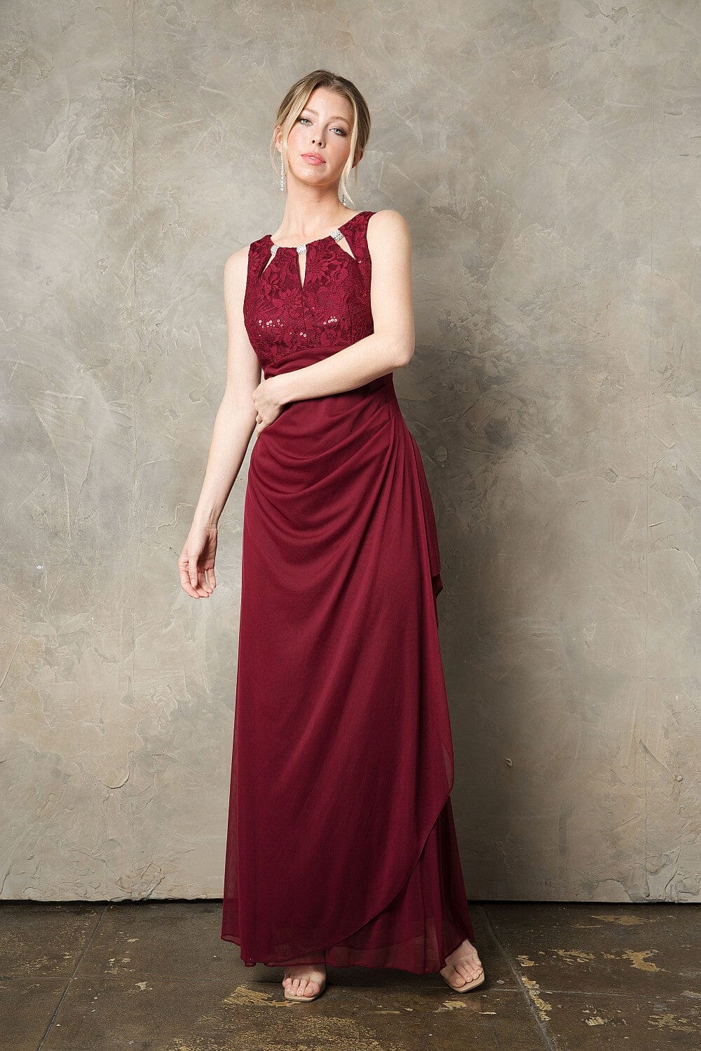 Fitted Long Beaded Sleeveless Lace Bodice Dress by Juno 1017