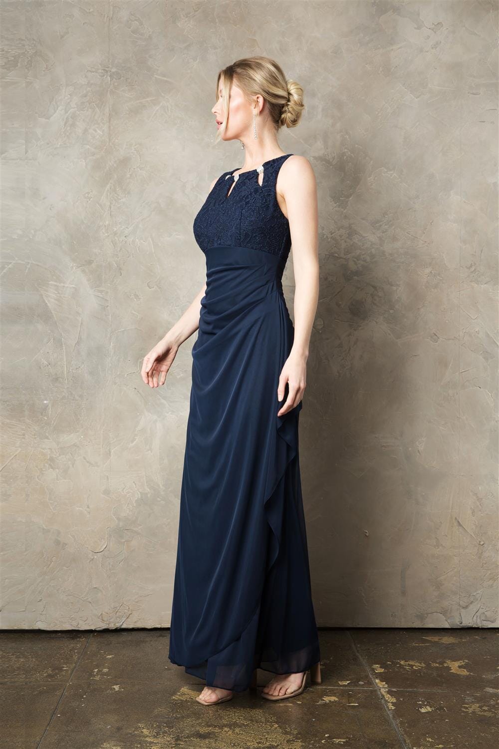 Fitted Long Beaded Sleeveless Lace Bodice Dress by Juno 1017