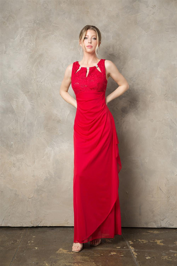 Fitted Long Beaded Sleeveless Lace Bodice Dress by Juno 1017