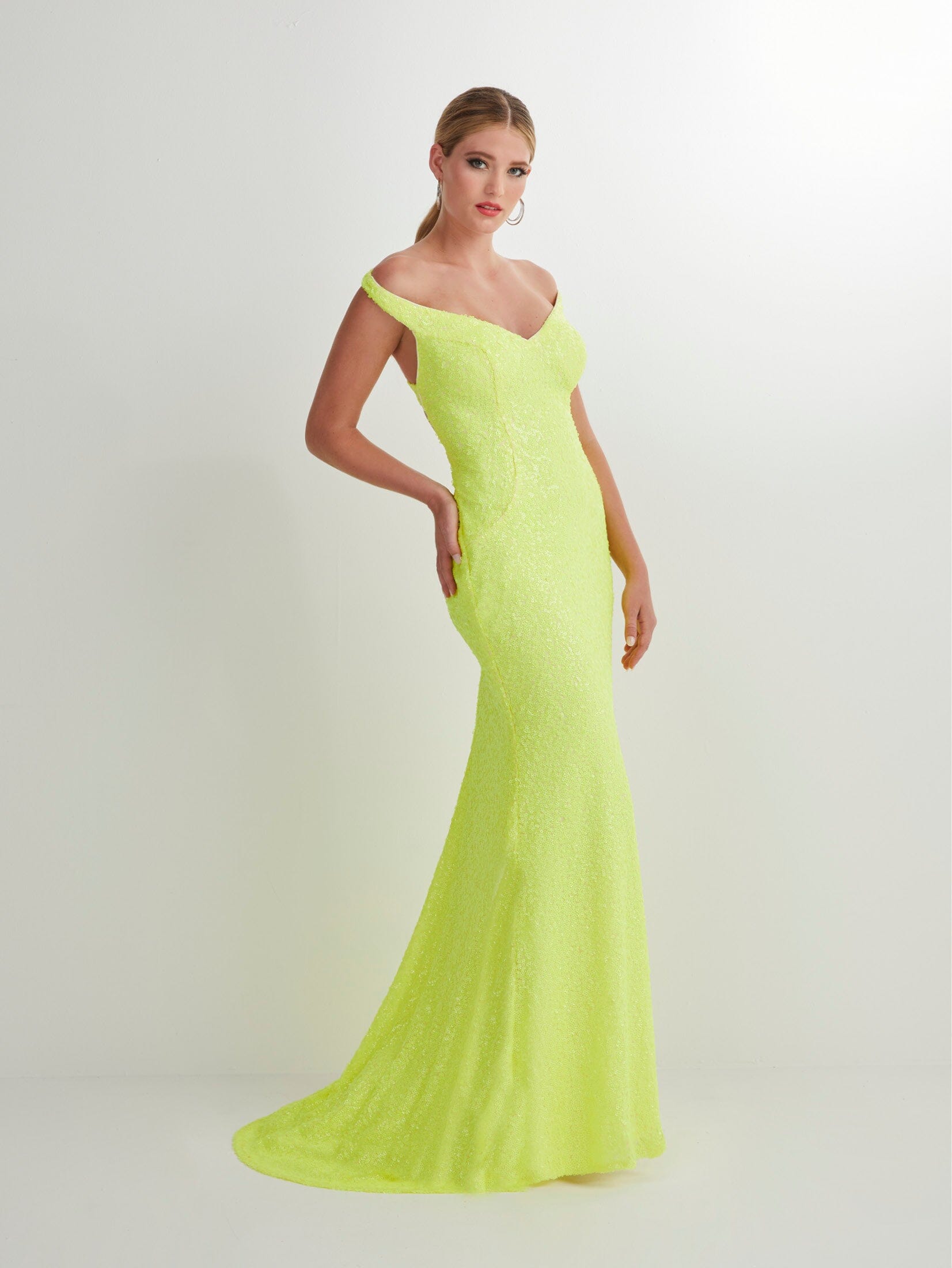 neon off the shoulder dress Nina Canacci 7504 Off Shoulder Sleeveless Long Prom Dress
