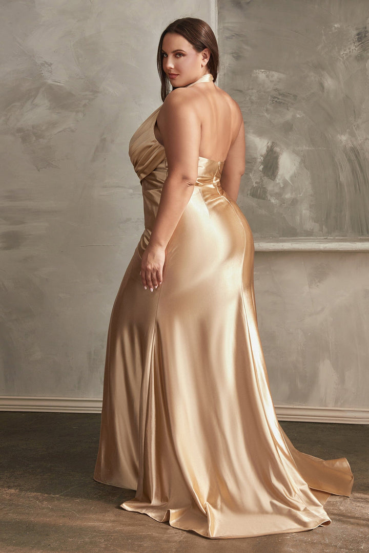 Fitted Long Satin Halter Slit Dress by Ladivine CH079