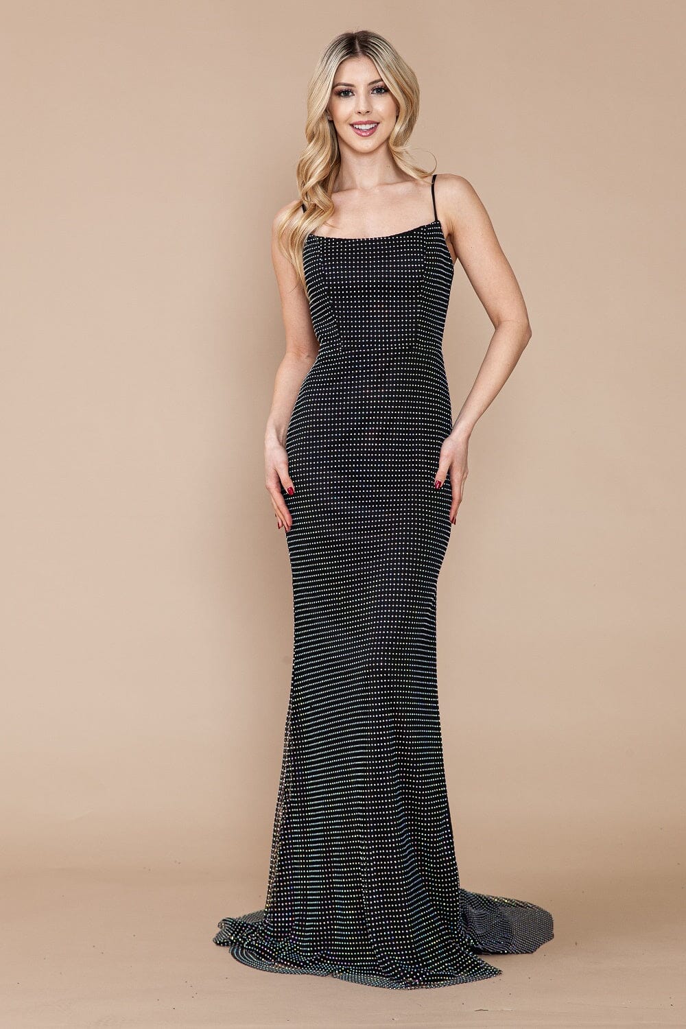 Poly USA 9284 Fitted Rhinestone Beaded Sleeveless Slit Gown