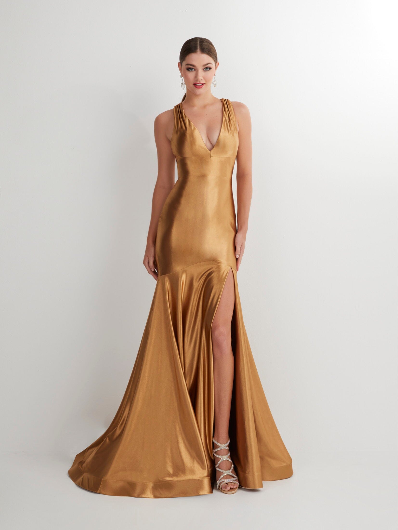 Fitted Satin V-Neck Slit Gown by Studio 17 12890 6 / Red Fitted Satin V-Neck Slit Gown by Studio 17 12890 6 / Red