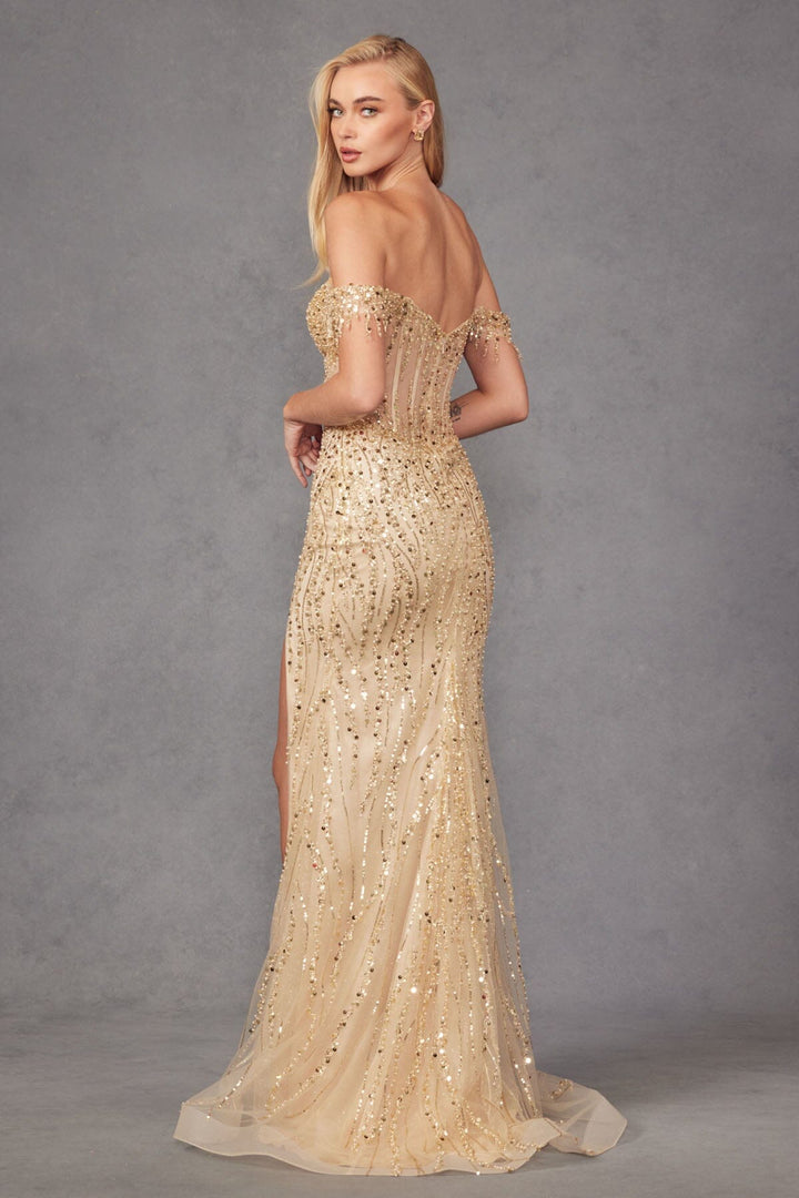 Fitted Sequin Off Shoulder Corset Slit Gown by Juliet JT2471L