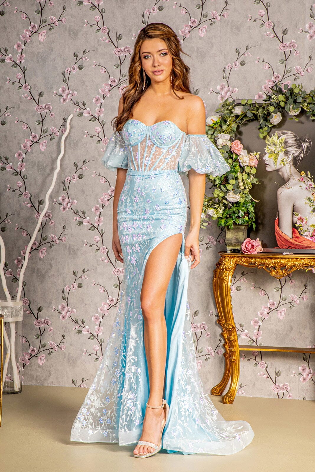 Fitted Strapless Puff Sleeve Slit Gown by GLS Gloria GL3247 XS / Baby Blue Fitted Strapless Puff Sleeve Slit Gown by GLS Gloria GL3247 XS / Baby Blue