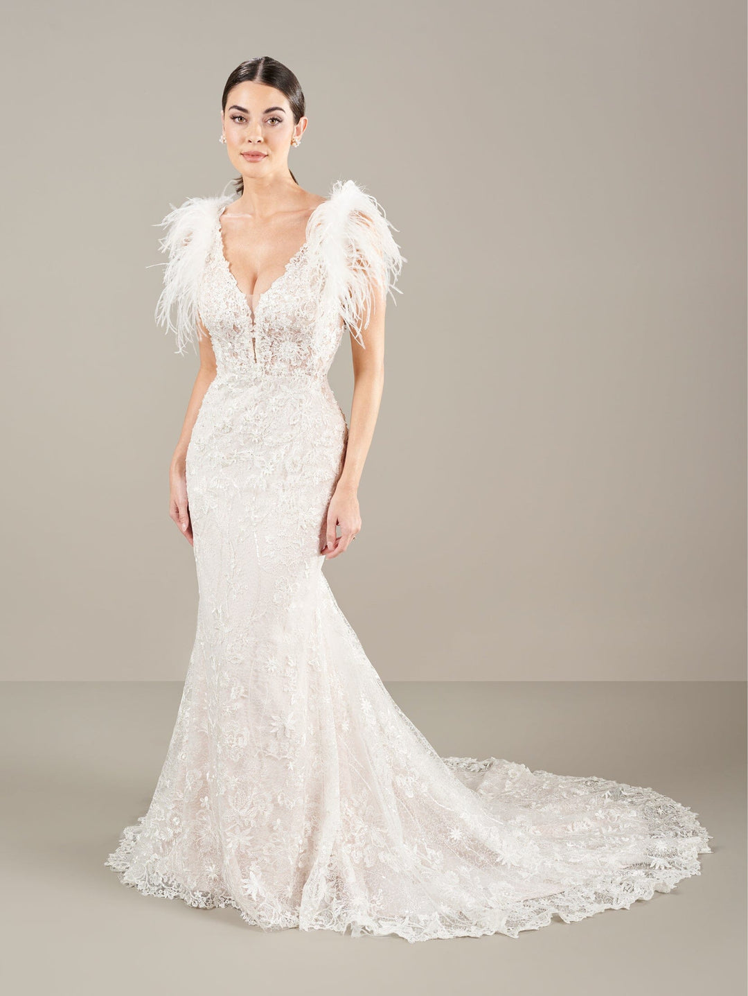 Fitted V-Neck Feather Bridal Gown by Adrianna Papell 31290