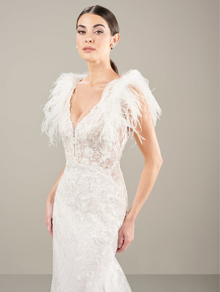Fitted V-Neck Feather Bridal Gown by Adrianna Papell 31290