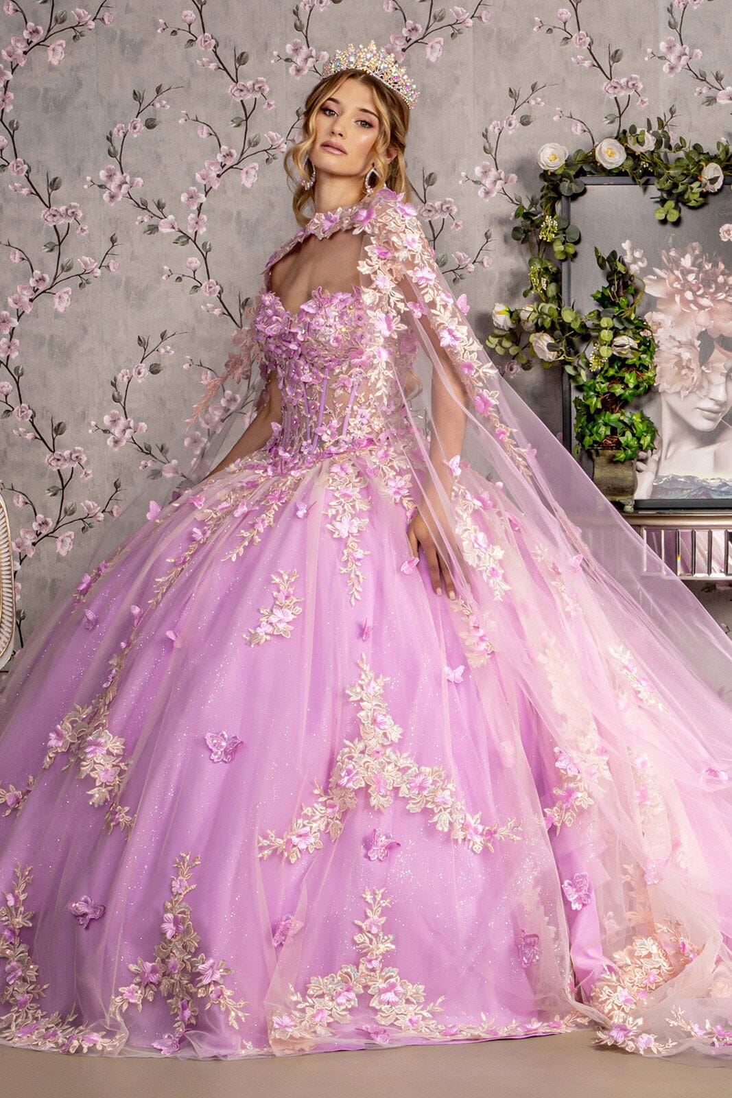 long sleeve floral applique dress Cape Ball Gown by GLS Gloria GL3467 S / Lilac 31W/34L Size:12 US Little Kid this chiffon dress is Parlsdy Women's 70s Disco