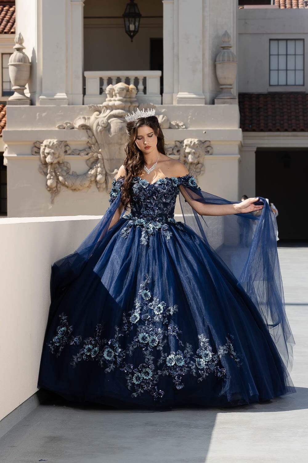 Floral Applique Cape Sleeve Ball Gown by Petite Adele PQ1036