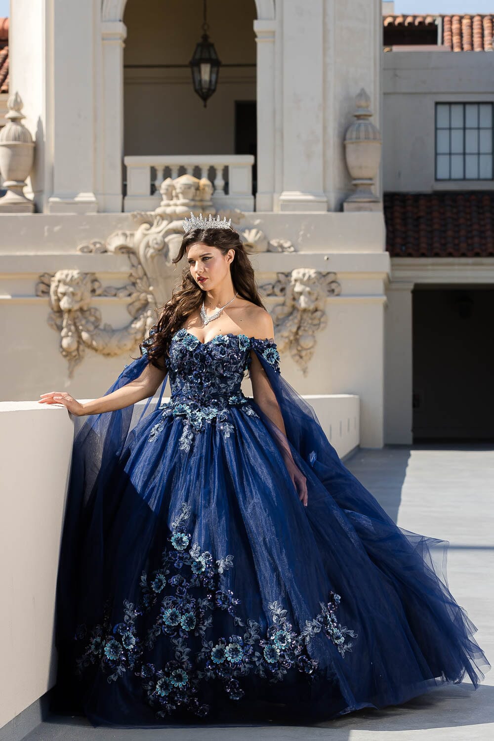 Floral Applique Cape Sleeve Ball Gown by Petite Adele PQ1036