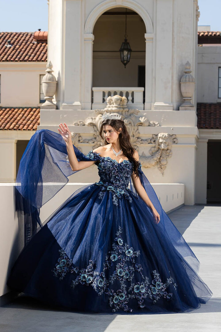 Floral Applique Cape Sleeve Ball Gown by Petite Adele PQ1036