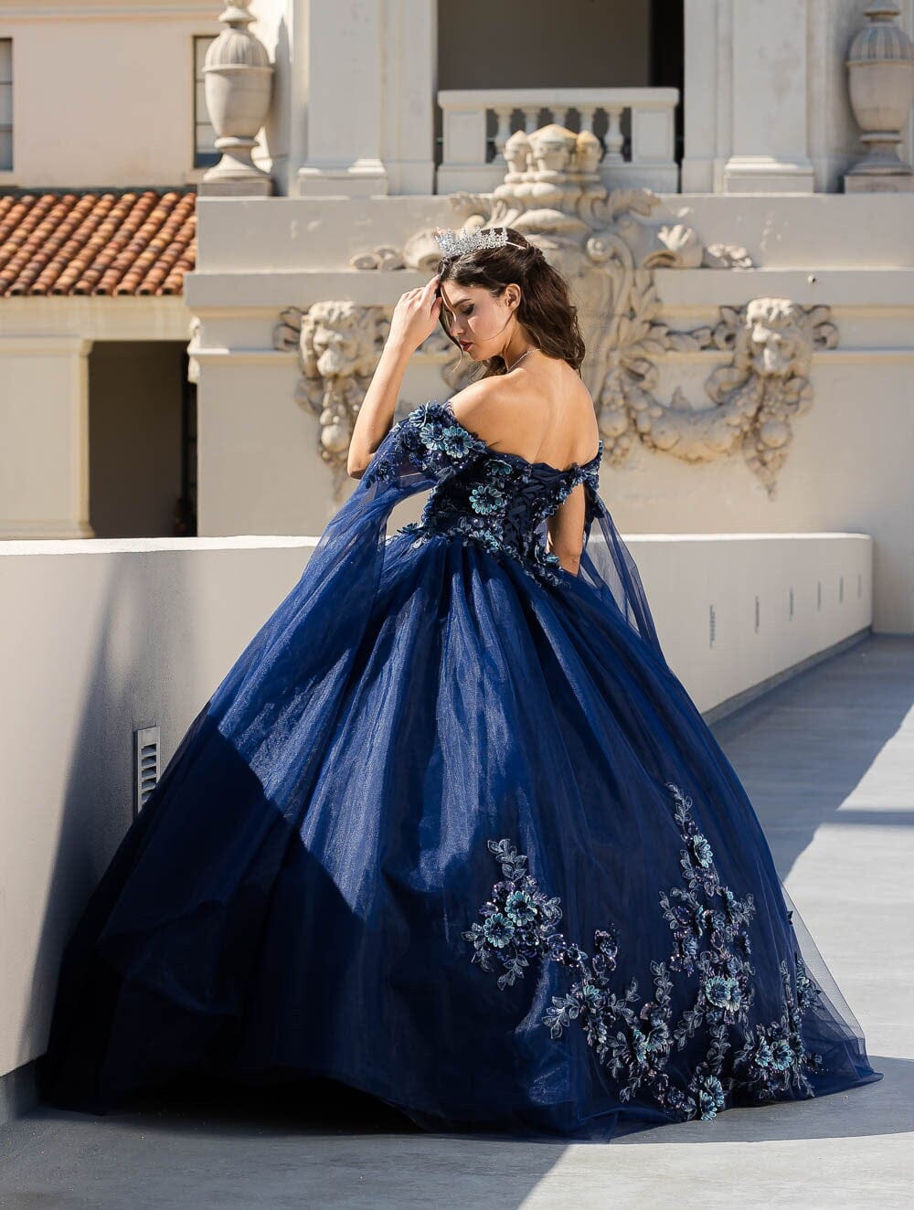 Floral Applique Cape Sleeve Ball Gown by Petite Adele PQ1036