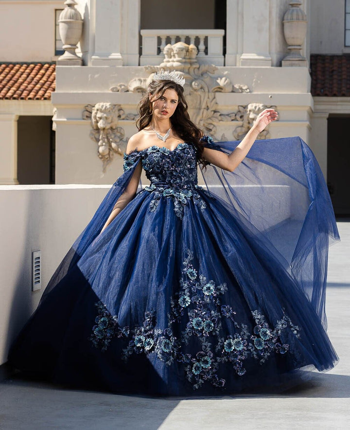 Floral Applique Cape Sleeve Ball Gown by Petite Adele PQ1036