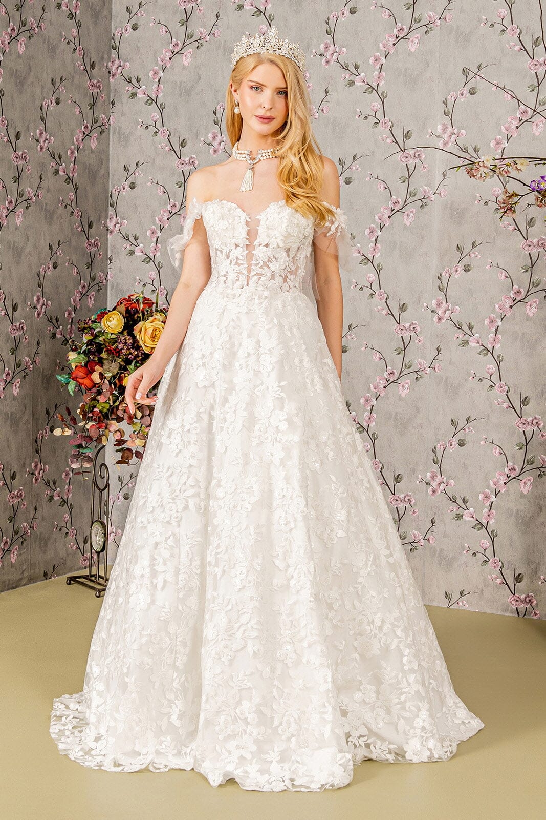Floral Applique Off Shoulder Bridal Gown by GLS Gloria GL3449 XL / Ivory Floral Applique Off Shoulder Bridal Gown by GLS Gloria GL3449 XL / Ivory