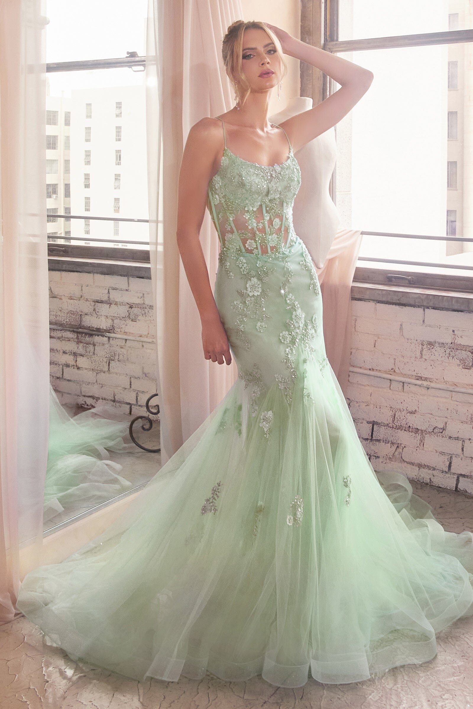 Floral Applique Sheer Corset Mermaid Dress by Ladivine D145 Floral Applique Sheer Corset Mermaid Dress by Ladivine D145