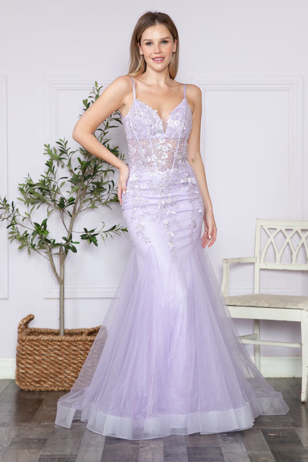 Floral Applique Sleeveless Mermaid Dress by Poly USA 9374