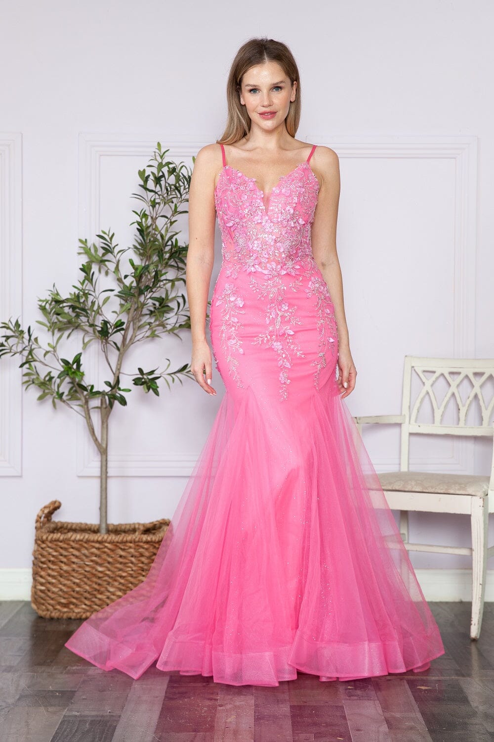 open lace back dress Floral Applique Sleeveless Mermaid Dress by Poly USA 9374 – ABC Fashion