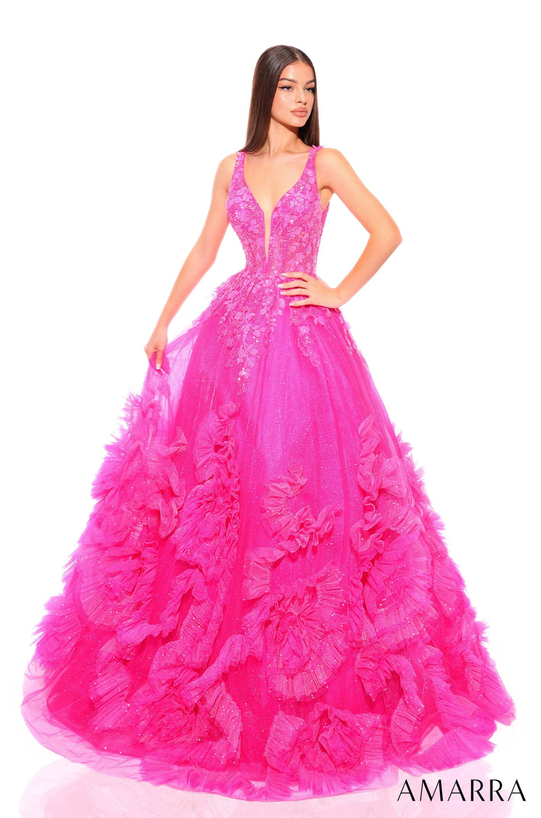 Floral Applique V-Neck Ruffled Tulle Ball Gown by Amarra 88880