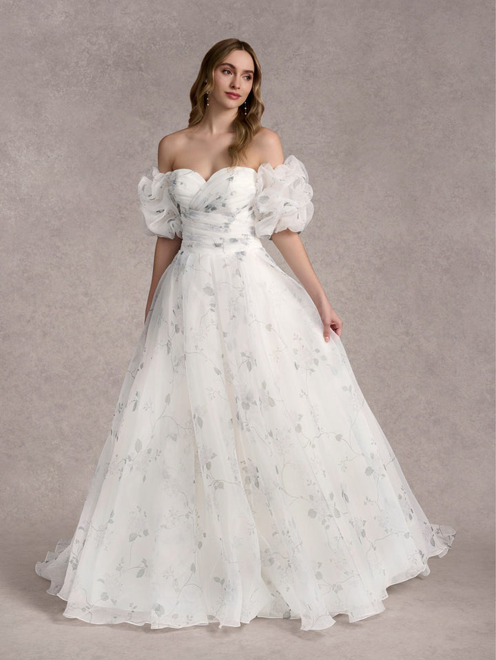 Floral Print Puff Sleeve Bridal Gown by Adrianna Papell 31255P
