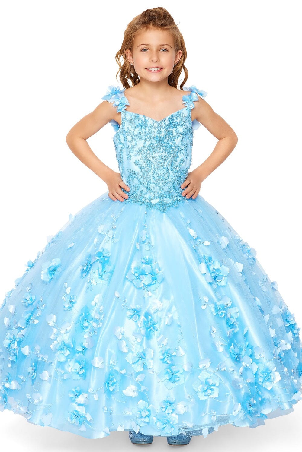 Long Floral Applique Corset Ball Gown Flower Girl Dress Cinderella Couture 8570 - Blue / 12 Long Floral Applique Corset Ball Gown Flower Girl Dress Cinderella Couture 8570 - Blue / 12