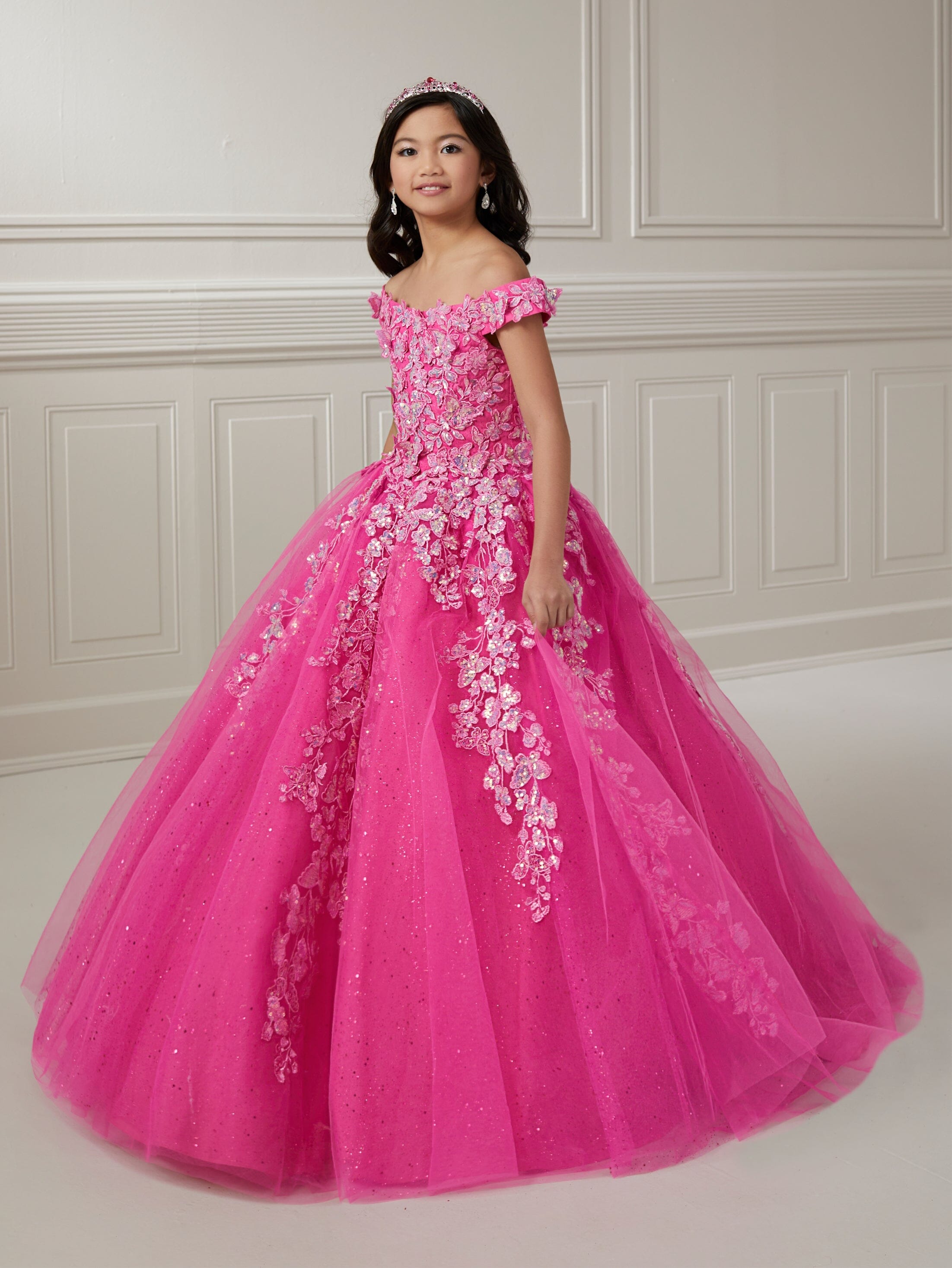 Girls Applique Off Shoulder Gown by Tiffany Princess 13724 2 / Hot Pink Girls Applique Off Shoulder Gown by Tiffany Princess 13724 2 / Hot Pink