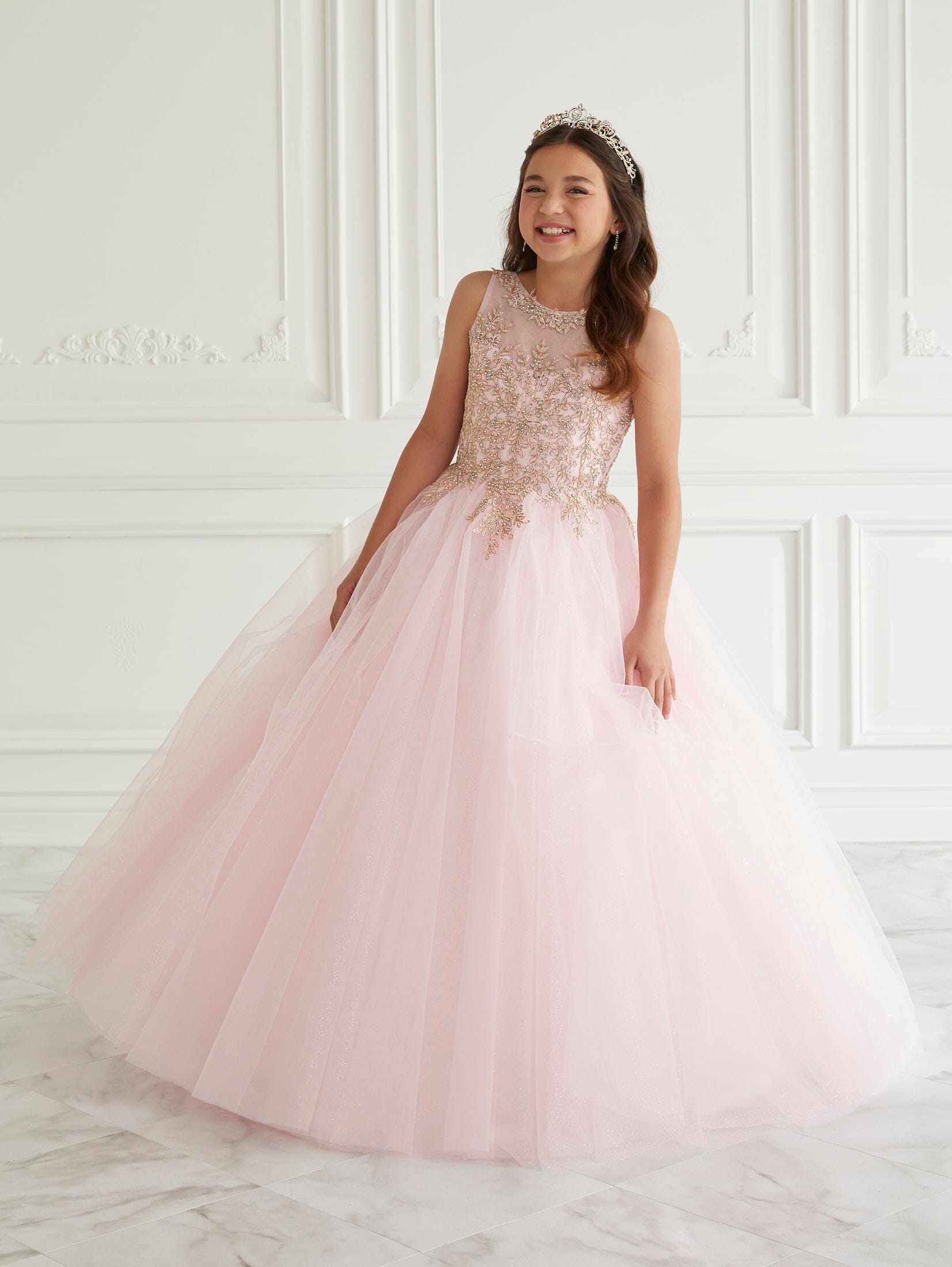 Girls Applique Sleeveless Gown by Tiffany Princess 13667 6 / Pink/Gold