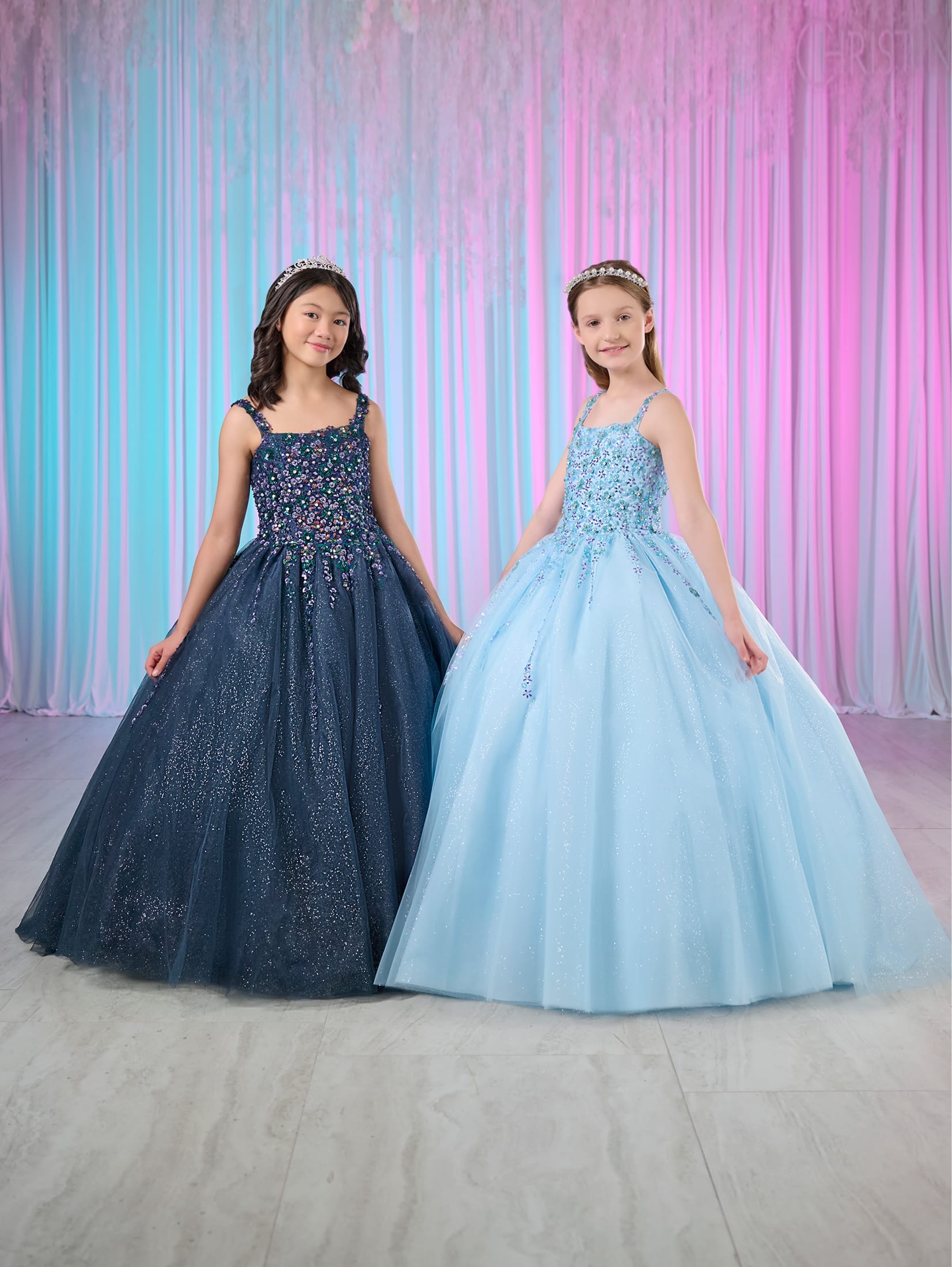 Girls Beaded Glitter Gown by Tiffany Princess 13769 12 / Sky