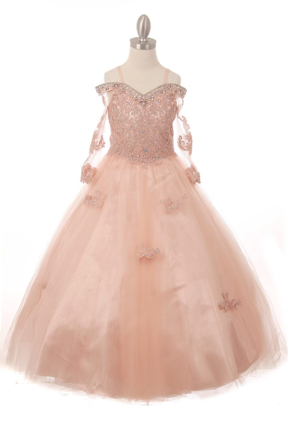 Girls Beaded Lace Off Shoulder Ball Gown with Sleeves 8002