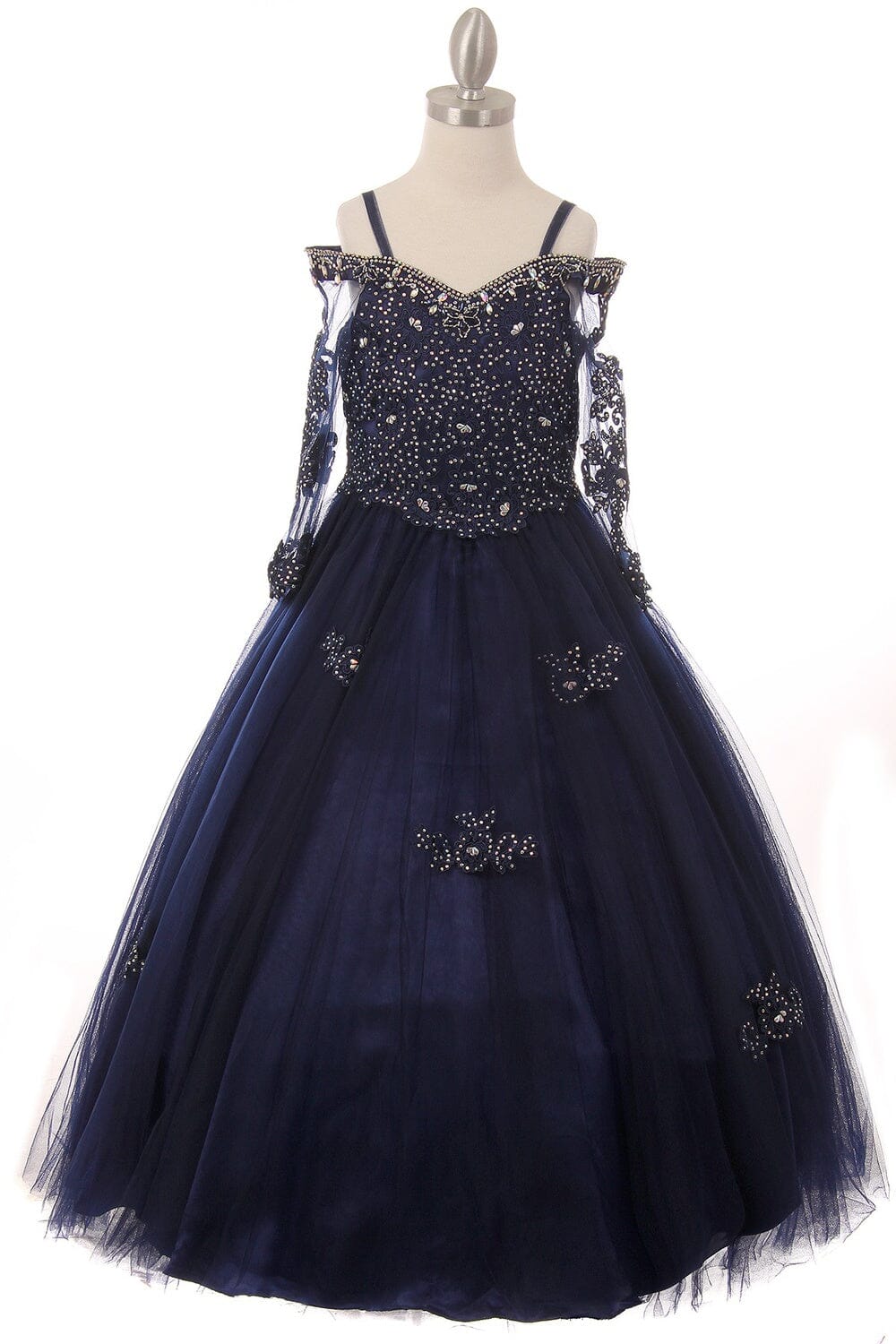 Girls Beaded Lace Off Shoulder Ball Gown with Sleeves 8002