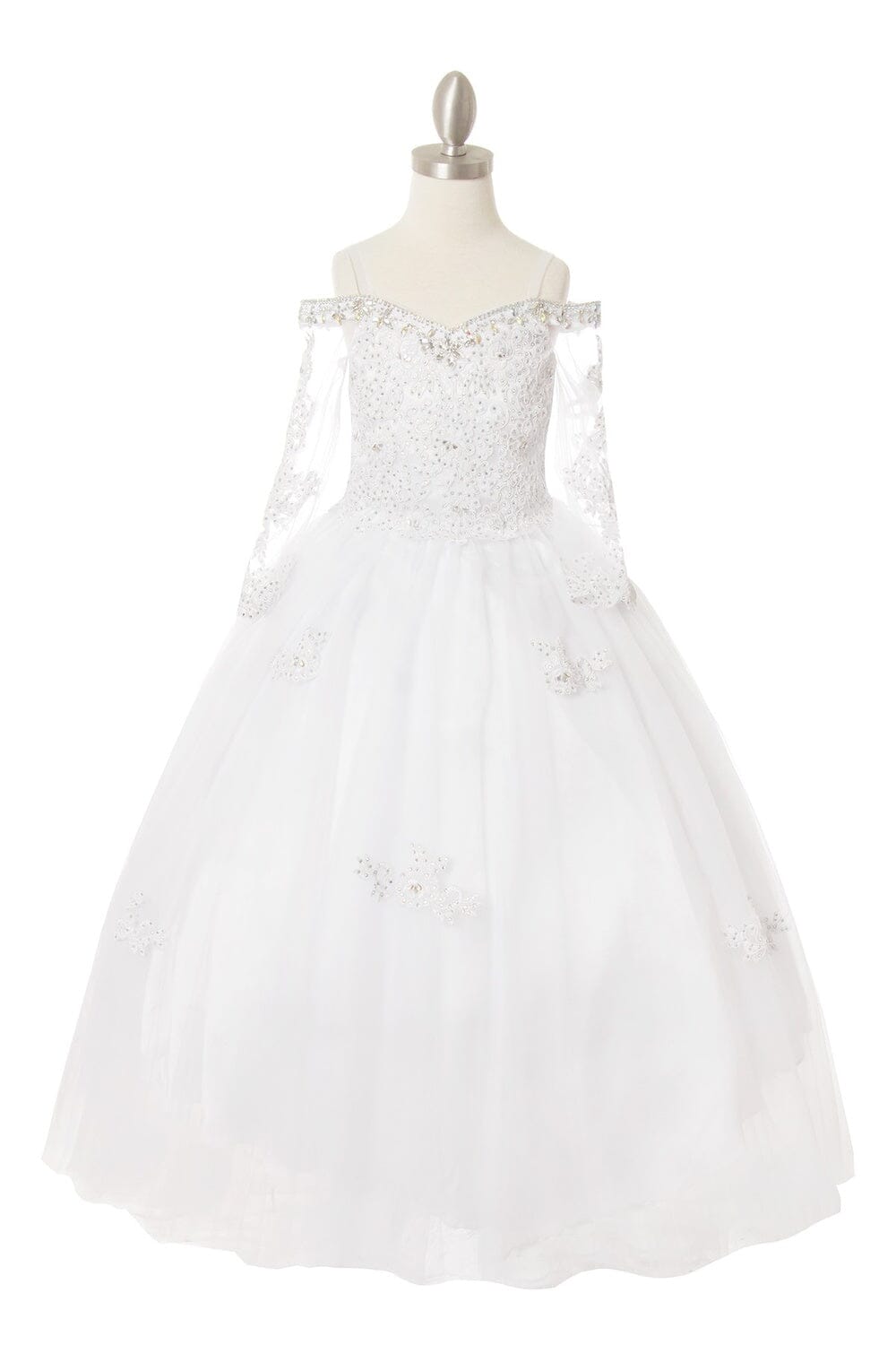 Girls Beaded Lace Off Shoulder Ball Gown with Sleeves 8002