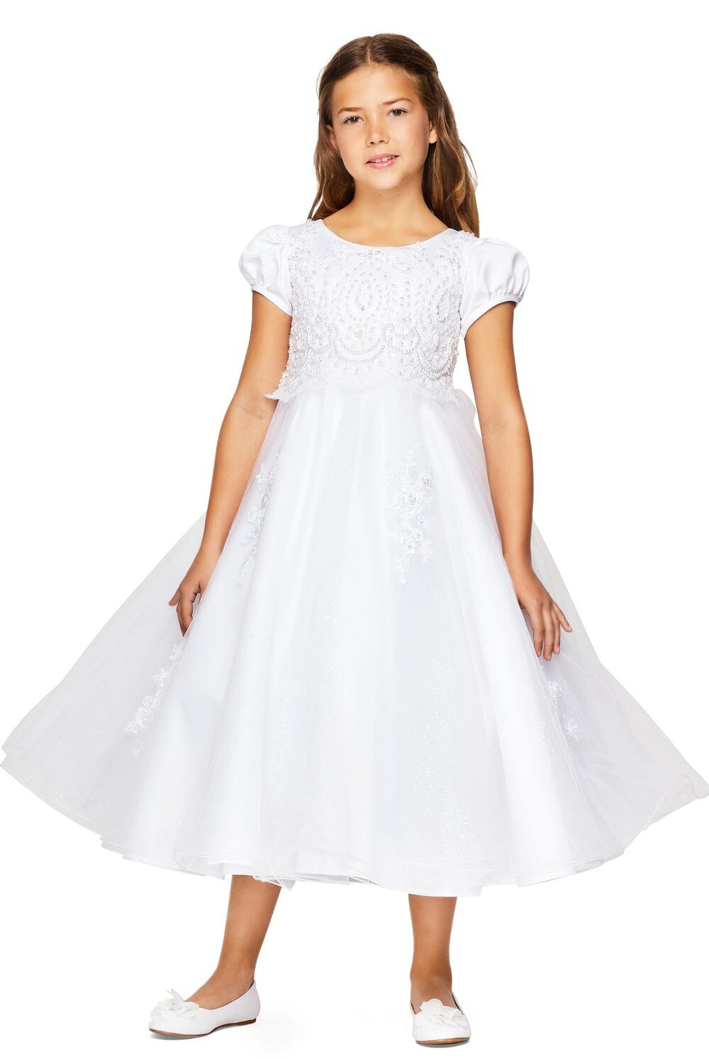 Cinderella Couture 2011 Beaded Lace Applique Flower Girl Tea Length Dress - White / 10 Cinderella Couture 2011 Beaded Lace Applique Flower Girl Tea Length Dress - White / 10