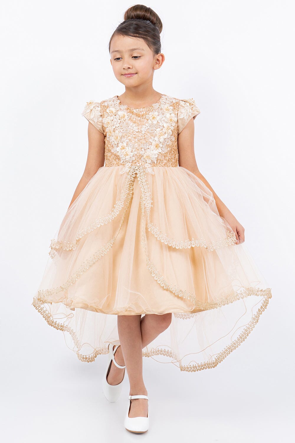 Girls Cap Sleeve High Low Dress by Cinderella Couture 9123 10 / Taupe