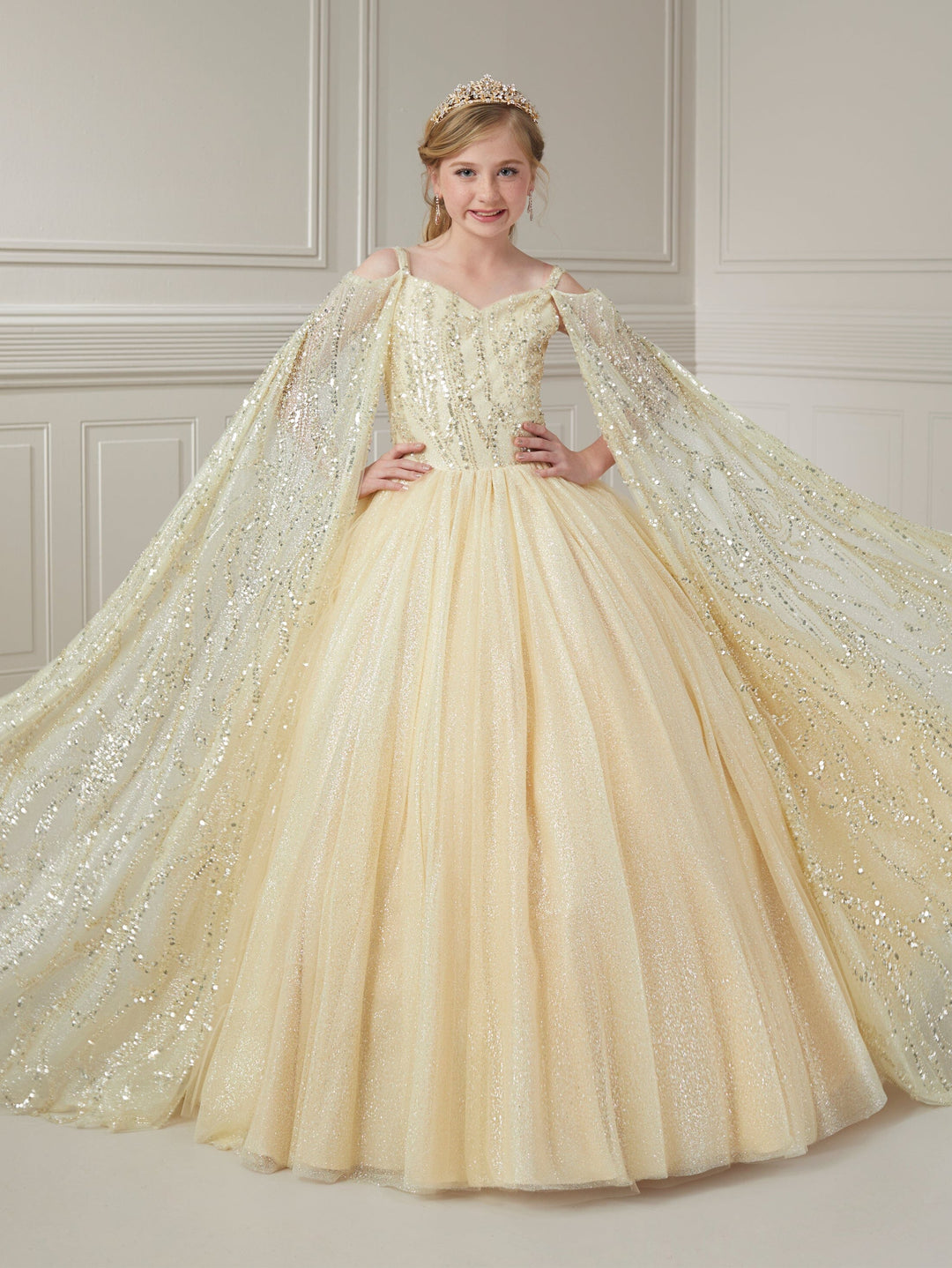 Girls Cape Sleeve Tulle Gown by Tiffany Princess 13728